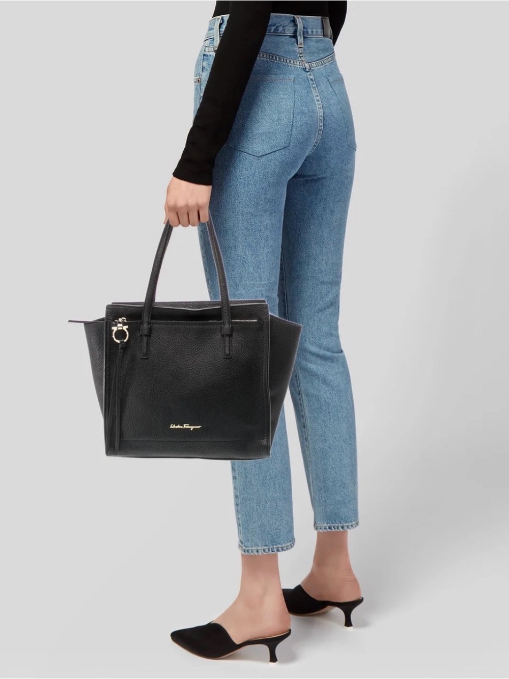 Salvatore Ferragamo Black Leather Tote with Gold Logo